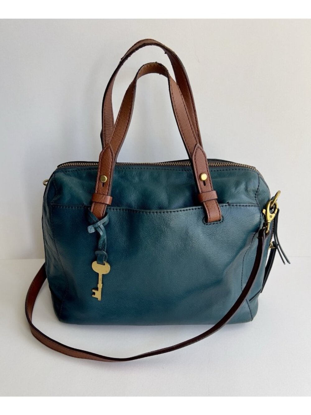 Fossil Rachel Satchel Teal Leather Crossbody Handbag Purse